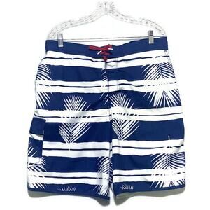 Land's End Swim Suit Trunks Board Shorts Men's Large White and Blue